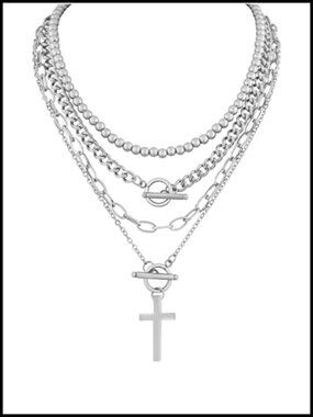Layered Cross Choker Necklace Gothic Punk Grunge Stainless Steel